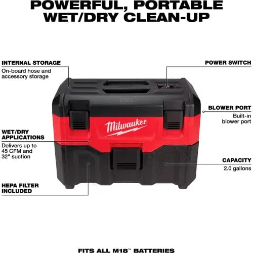 Centerline Dynamics Vacuums Milwaukee® 0880-20 M18™ 2-Gallon Cordless Wet/Dry Vacuum (Bare Tool Only)