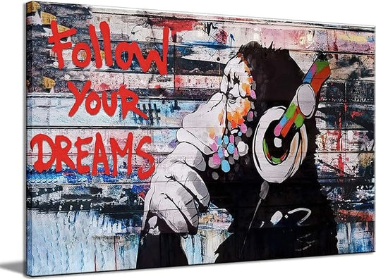 Centerline Dynamics Wall Art Canvas 12x16in Framed Banksy Graffiti Canvas Wall Art Follow Your Dreams