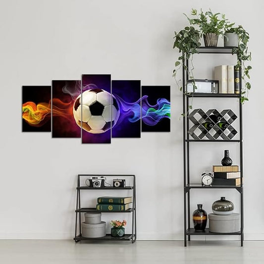 Centerline Dynamics Wall Art Canvas 5 Panels Soccer Ball Fire Poster Canvas Wall Art
