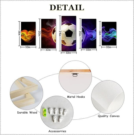 Centerline Dynamics Wall Art Canvas 5 Panels Soccer Ball Fire Poster Canvas Wall Art
