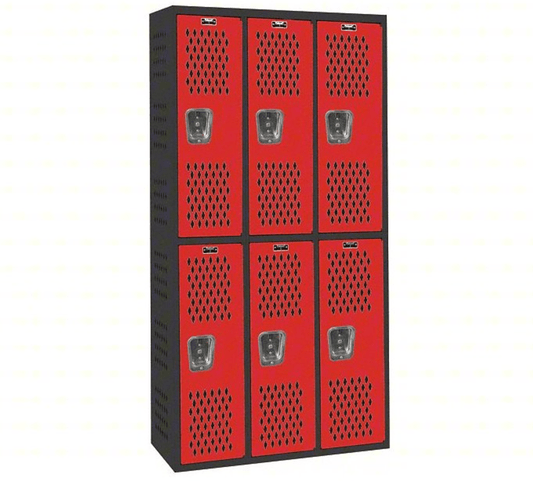 Centerline Dynamics Welded Gym And Pe Lockers Hallowell PE / Gym Locker, 36"W x 18"D x 72"H, 708 Midnight Ebony Body and 721 Relay Red Doors, Double Tier, 3-Wide