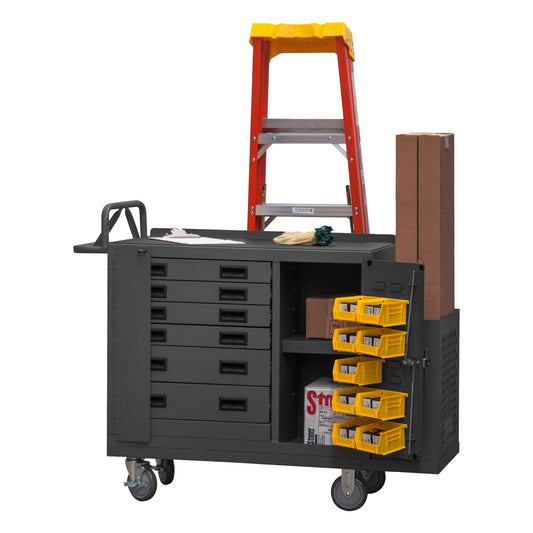 Durham Maintenance Cart, 6 Drawers, 9 Bins, Ladder Hanger, Ergonomic Handle