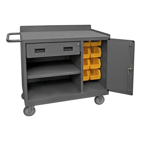 Durham Mobile Bench Cabinet, 8 Yellow Bins, 1 Shelf, 1 Drawer