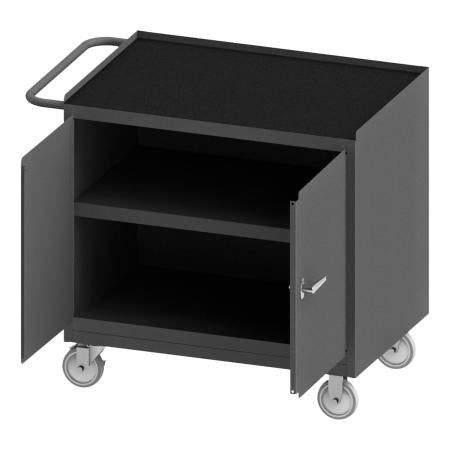 Durham Mobile Bench Cabinet, 1 Shelf, Black Rubber Mat, 2 Doors