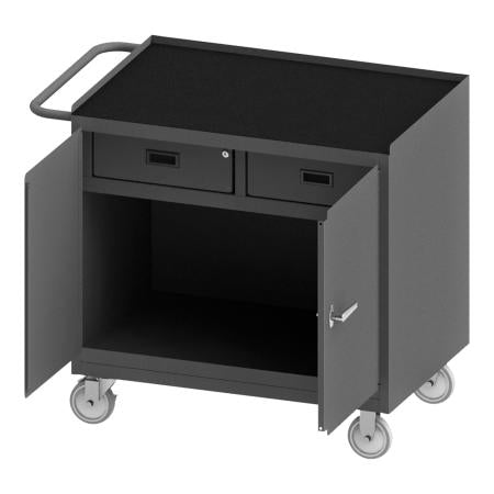 Durham Mobile Bench Cabinet, 2 Drawers, Black Rubber Mat