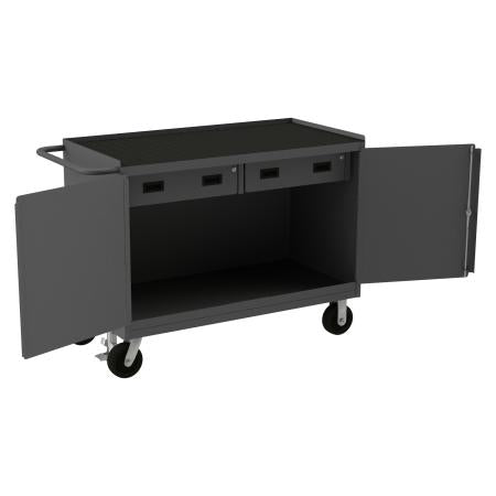 Durham Mobile Bench Cabinet, 2 Drawers, Black Rubber Mat