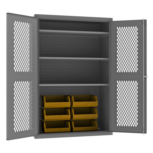 Durham Ventilated Cabinet, 14 Gauge, 3 Shelves, 6 Red Bins, 48 x 24 x 72