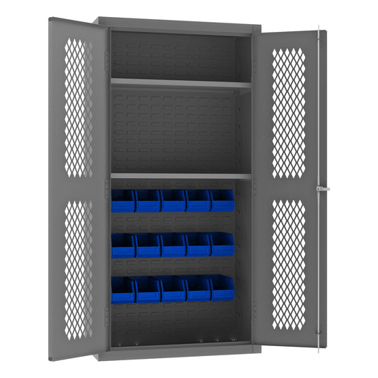 Durham Ventilated Cabinet, 14 Gauge, 2 Shelves, 15 Red Bins, 36 x 18 x 72