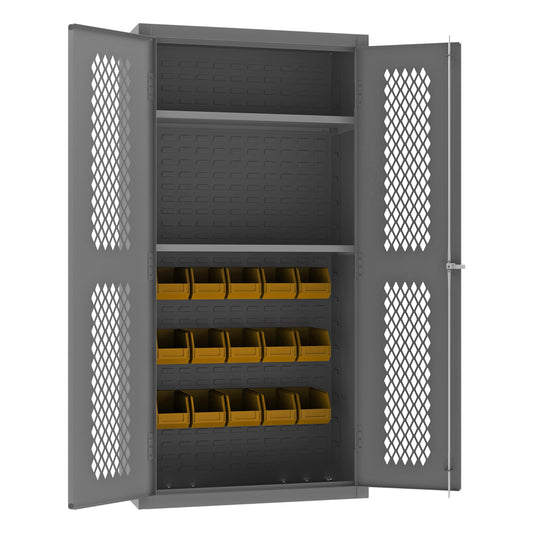Durham Ventilated Cabinet, 14 Gauge, 2 Shelves, 15 Red Bins, 36 x 24 x 72
