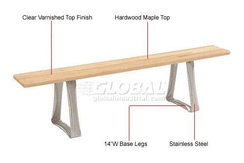 Centerline Dynamics Benches Locker Room Bench, Hardwood With Trapezoid Legs, 36 x 9-1/2 x 17