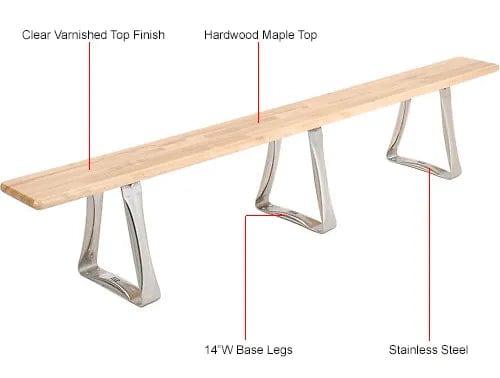 Centerline Dynamics Benches Locker Room Bench, Hardwood With Trapezoid Legs, 96 x 9-1/2 x 17