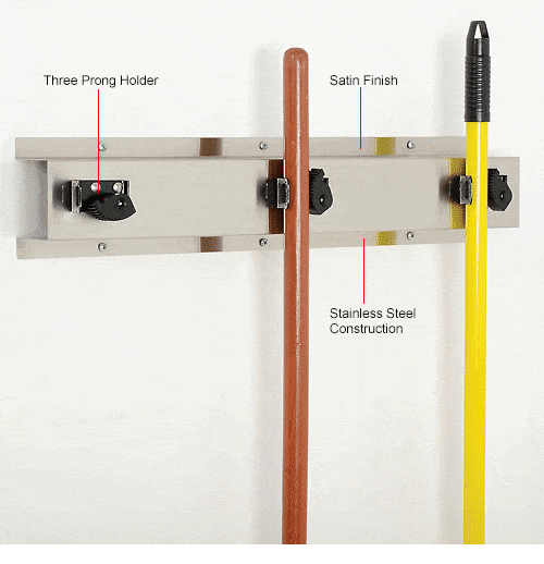 Centerline Dynamics Bobrick Mop/Broom Holder, Stainless, 24", 3 Prongs - B223x24