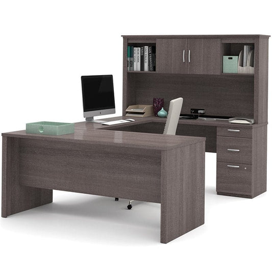 Centerline Dynamics Bush Office Furniture Bark Gray Bestar Logan Contemporary Wood Mahogany 4 Piece U Shaped Computer Desk