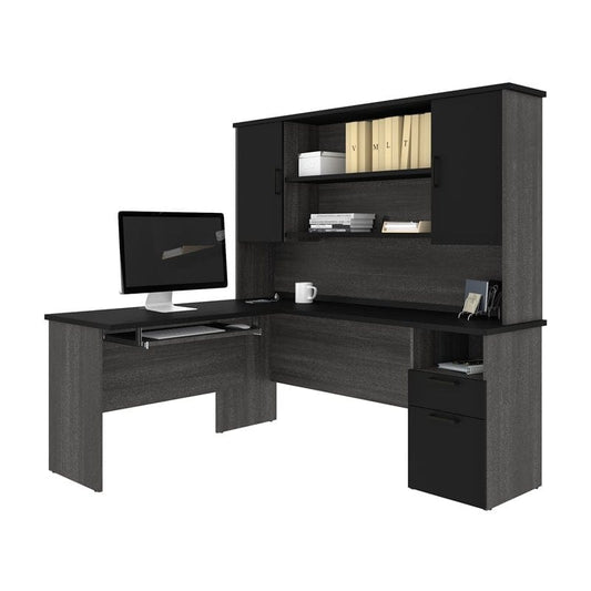 Centerline Dynamics Bush Office Furniture Black/Bark Gray Bestar Norma L Shaped Computer Desk with Hutch