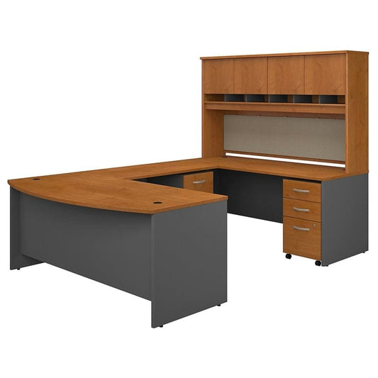 Centerline Dynamics Bush Office Furniture Natural Cherry/Gray Series C 72"W Bow Front U-Shaped Desk with Hutch and Storage