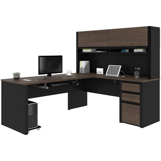 Centerline Dynamics Bush Office Furniture With Hutch Bestar Connexion 5 Piece L Shaped Computer Desk with Hutch in Antigua and Black