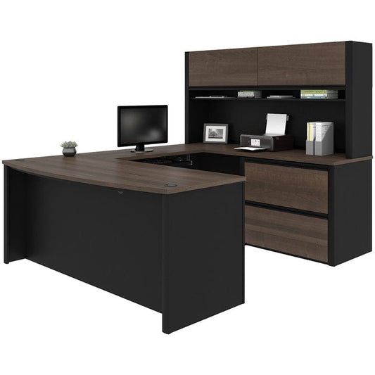 Centerline Dynamics Bush Office Furniture With Hutch Bestar Connexion 6 Piece U Shaped Computer Desk with Hutch in Antigua and Black