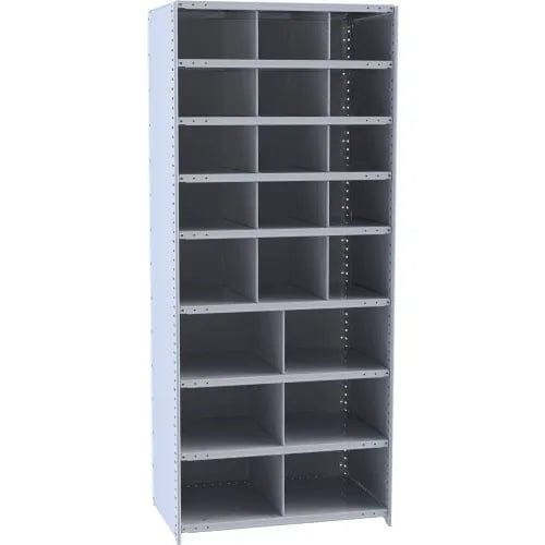 Centerline Dynamics Closed Metal Bin Shelving Starter Hallowell Hi-Tech Metal Bin Shelving 36"W x 18"D x 87"H 725 Dark Gray (12) 12"W x 9"H, (3) 12"W x 12"H, (6) 18"W x 12"H Bins