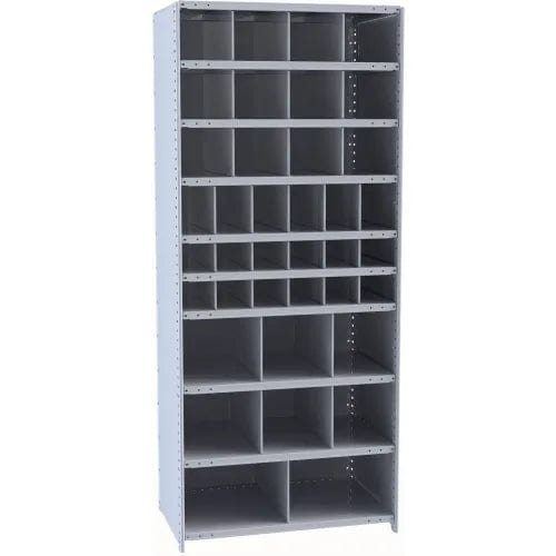 Centerline Dynamics Closed Metal Bin Shelving Starter Hallowell Hi-Tech Metal Bin Shelving 36"W x 18"D x 87"H 725 Dark Gray (12) 9"W x 9"H, (6) 6"W x 9"H, (12) 6"W x 6"H, (6) 12"W x 12"H, (2) 18"W x 12"H Bins