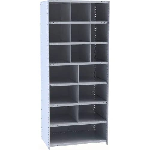 Centerline Dynamics Closed Metal Bin Shelving Starter Hallowell Hi-Tech Metal Bin Shelving 36"W x 18"D x 87"H 725 Dark Gray (9) 12"W x 12"H, (6) 18"W x 12"H, (1) 36"W x 12"H Bins