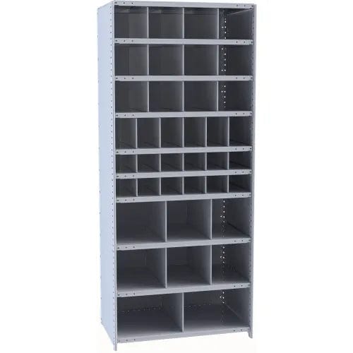 Centerline Dynamics Closed Metal Bin Shelving Starter Hallowell Hi-Tech Metal Bin Shelving 36"W x 24"D x 87"H 725 Dark Gray (12) 9"W x 9"H, (6) 6"W x 9"H, (12) 6"W x 6"H, (6) 12"W x 12"H, (2) 18"W x 12"H Bins