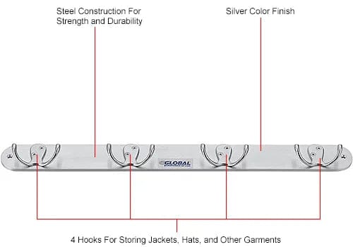 Centerline Dynamics Coat Racks & Stand 20"W Coat Rack with 4 Double Prong Hooks - Silver