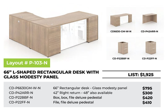 Centerline Dynamics CorpDesign Furniture CorpDesign 66" L-Shaped Rectangular Desk w/ Glass Modesty Panel (#P-103-N)