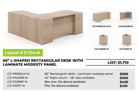 Centerline Dynamics CorpDesign Furniture CorpDesign 66" L-Shaped Rectangular Desk w/ Laminate Modesty Panel (#P-104-N)