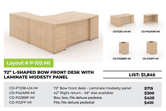 Centerline Dynamics CorpDesign Furniture CorpDesign 72" L Shaped Bow Front Desk w/ Laminate Modesty Panel (#P-102-MI)