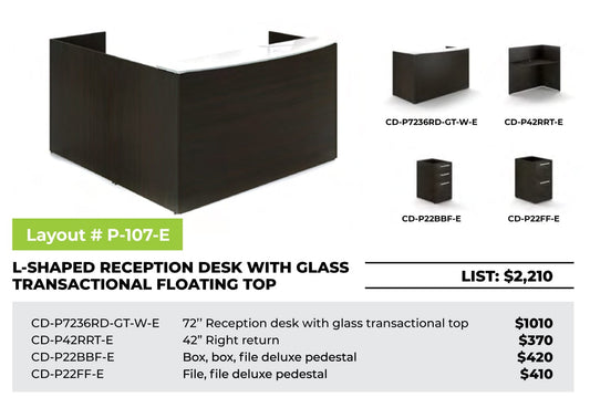 Centerline Dynamics CorpDesign Furniture CorpDesign L-Shaped Reception Desk w/ Glass Transactional Floating Top (#P-107-E)