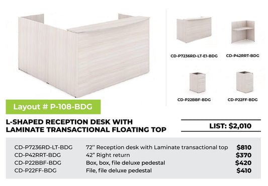Centerline Dynamics CorpDesign Furniture CorpDesign L-Shaped Reception Desk w/ Laminate Transactional Floating Top (#P-108-BDG)