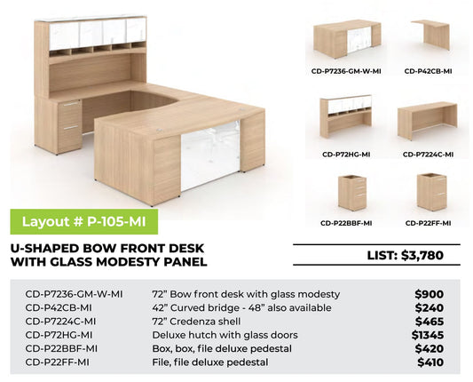 Centerline Dynamics CorpDesign Furniture CorpDesign U-Shaped Bow Front Desk w/ Glass Modesty Panel (#P-105-MI)