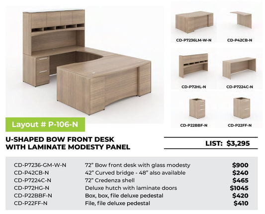 Centerline Dynamics CorpDesign Furniture CorpDesign U-Shaped Bow Front Desk w/ Laminate Modesty Panel (#P-106-N)