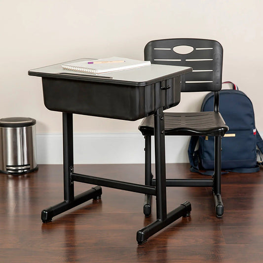 Centerline Dynamics Desks & Workstations Adjustable Height Student Desk with Chair - Gray Top / Black Pedestal Frame