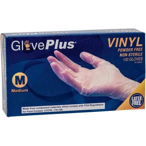 Centerline Dynamics Disposable Gloves GlovePlus Industrial Grade Vinyl Gloves, 4 Mil, Powder-Free, M, Clear, 100/Box