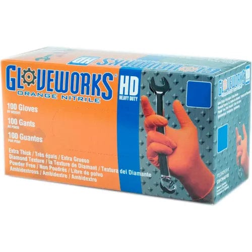 Centerline Dynamics Disposable Gloves Gloveworks Industrial Grade Disposable Nitrile Gloves, Powder-Free, Orange, XL, 1000/Case