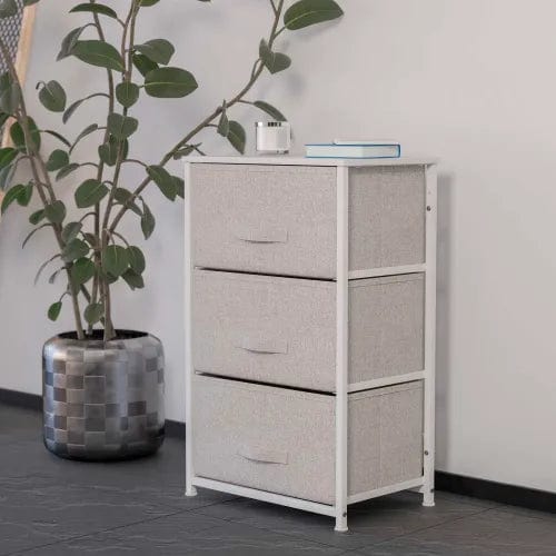 Centerline Dynamics Dresser & Nightstands 3 Drawer Wood Top Cast Vertical Storage Dresser, Light Gray Fabric Drawers, White