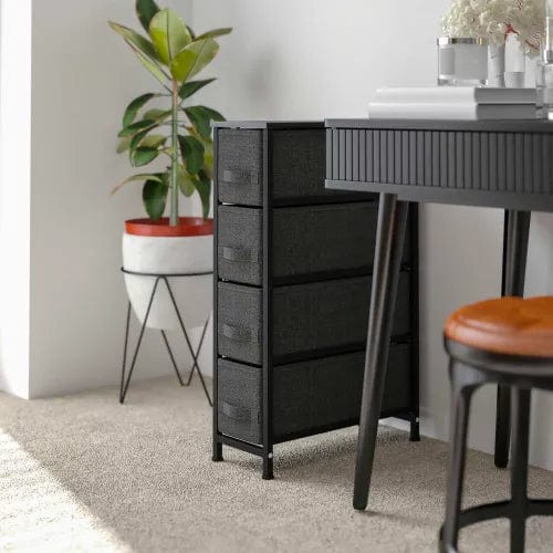 Centerline Dynamics Dresser & Nightstands 4 Drawer Slim Wood Top Cast Vertical Storage Dresser, Dk Gray Fabric Drawers, Black