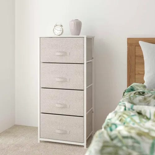 Centerline Dynamics Dresser & Nightstands 4 Drawer Wood Top Cast Vertical Storage Dresser, Light Gray Fabric Drawers, White