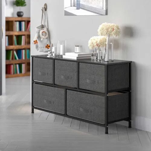 Centerline Dynamics Dresser & Nightstands 5 Drawer Wood Top Cast Vertical Storage Dresser, Dark Gray Fabric Drawers, Black