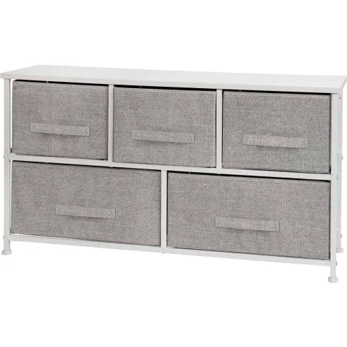 Centerline Dynamics Dresser & Nightstands 5 Drawer Wood Top Cast Vertical Storage Dresser, Light Gray Fabric Drawers, White