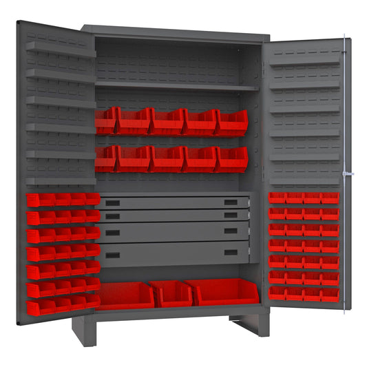 Centerline Dynamics Durham Mobile Cabinets Red Durham Cabinet, 14 Gauge, 4 Drawer, 12 Door Shelves, 69 Bins, 48 x 24 x 78