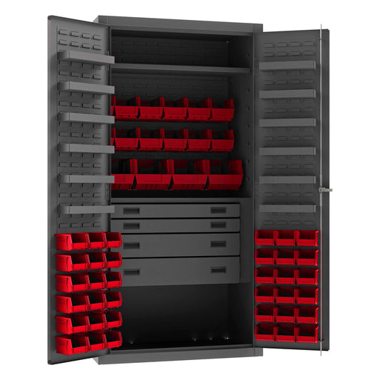 Centerline Dynamics Durham Mobile Cabinets Red Durham Cabinet, 14 Gauge, 4 Drawer, 2 Shelves, 12 Door Shelves, 52 Red Bins, 36 x 24 x 72