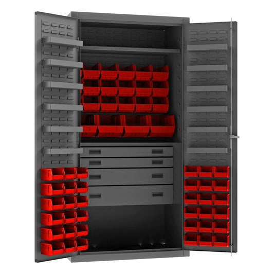 Centerline Dynamics Durham Mobile Cabinets Red Durham Cabinet, 14 Gauge, 4 Drawer, 2 Shelves, 12 Door Shelves, 58 Bins, 36 x 24 x 72