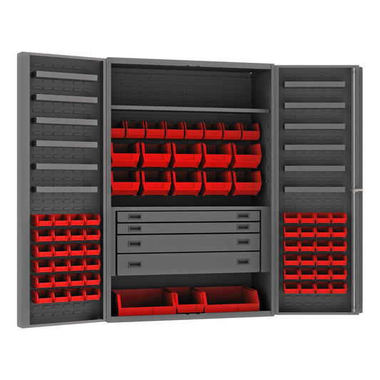 Centerline Dynamics Durham Mobile Cabinets Red Durham Cabinet, 14 Gauge, 4 Drawer, 2 Shelves, 12 Door Trays, 69 Red Bins, 48 x 24 x 72