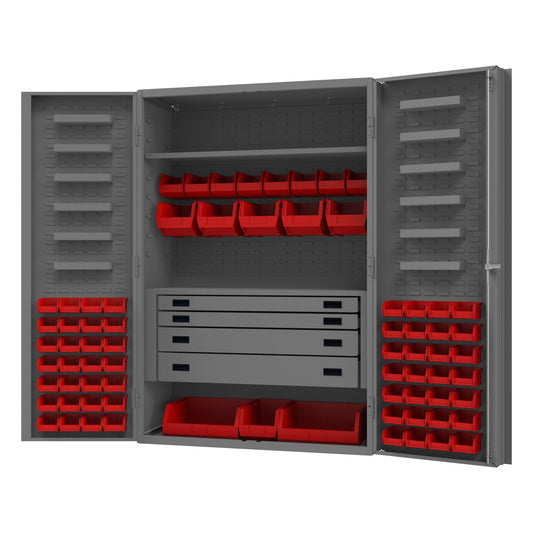 Centerline Dynamics Durham Mobile Cabinets Red Durham Cabinet, 14 Gauge, 4 Drawer, 2 Shelves, 12 Door Trays, 72 Red Bins, 48 x 24 x 72