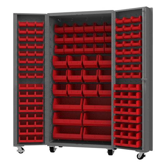 Centerline Dynamics Durham Mobile Cabinets Red Durham Mobile Bin Cabinet, 14 Gauge, 132 Bins, 36 x 24 x 76