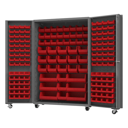 Centerline Dynamics Durham Mobile Cabinets Red Durham Mobile Bin Cabinet, 14 Gauge, 168 Bins, 48 x 24 x 76