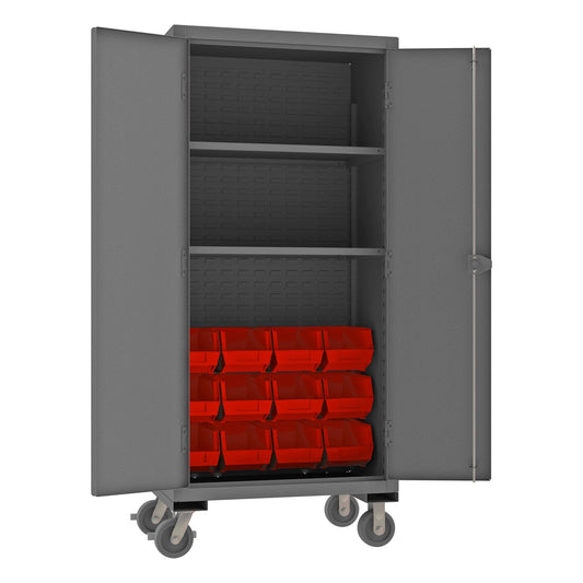 Centerline Dynamics Durham Mobile Cabinets Red Durham Mobile Cabinet, 12 Gauge, 2 Shelves, 12 Red Bins, 36 x 24 x 81