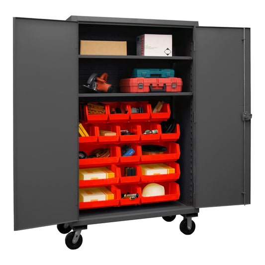 Centerline Dynamics Durham Mobile Cabinets Red Durham Mobile Cabinet, 12 Gauge, 2 Shelves, 18 Red Bins, 48 x 24 x 81